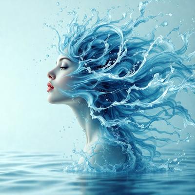 The primary subject of the image is a woman with long, flowing hair. She is surrounded by a blue, water-like environment, which could be an ocean or a pool. The visual style of the image is digital art, as it appears to be a digital painting or illustration. The colors and mood of the image are predominantly blue, creating a serene and calming atmosphere.
